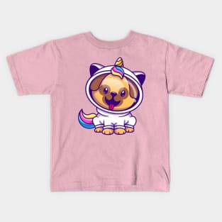 Cute Pug Dog Astronaut Wearing Unicorn Costume Cartoon Kids T-Shirt